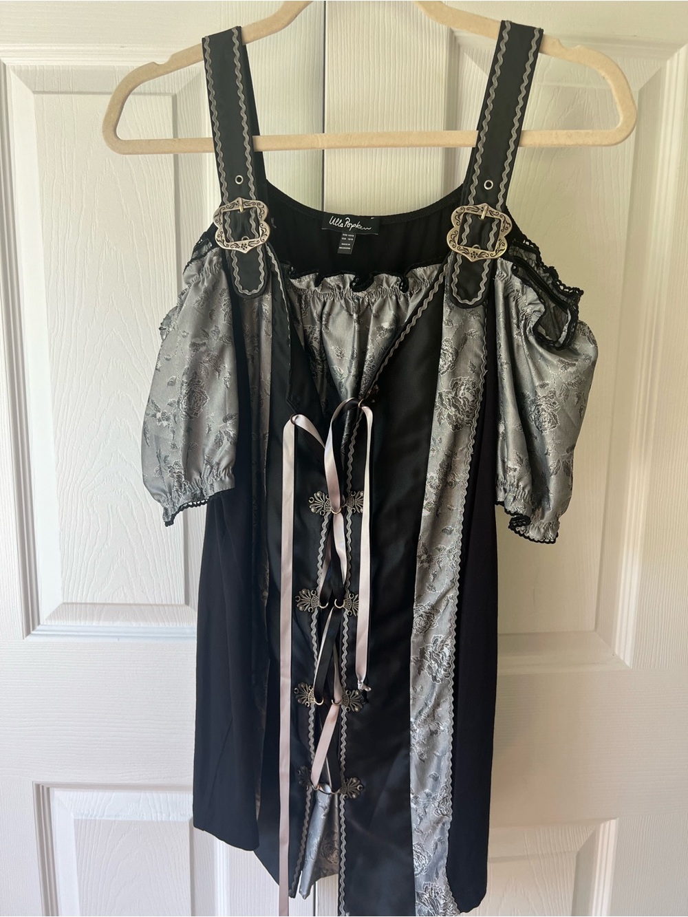 Ulla Popken Black and Silver Off-Shoulder Renaissance-Style Blouse